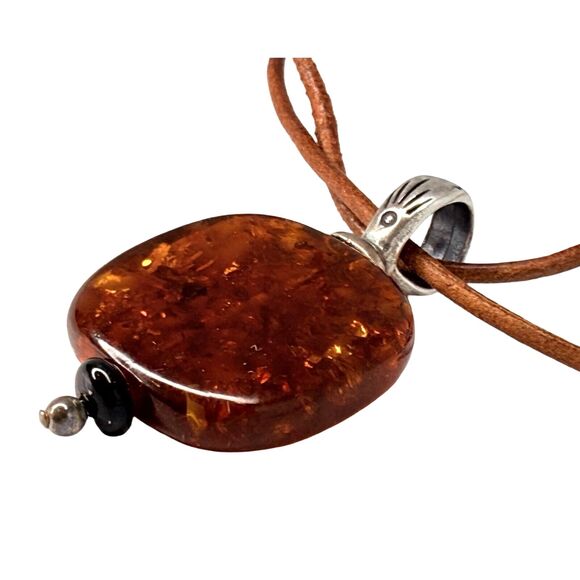 VTG Baltic Amber Pendant Necklace 16" 925 Sterling Silver Leather Thailand - Picture 6 of 13